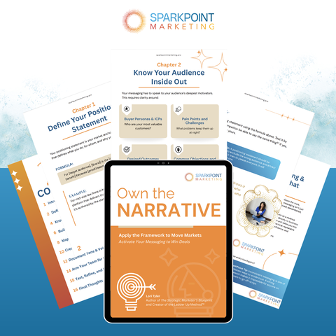 Sparkpoint Marketing materials including a tablet and printed pages on a blue background