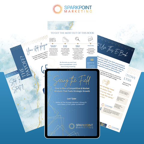 E-book titled 'Seeing the Field' by Sparkpoint Marketing on a digital device with related materials.