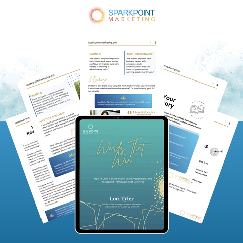 Tablet displaying 'Words That Win' book cover with Sparkpoint Marketing branding on a white and blue gradient background.