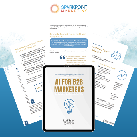 Sparkpoint Marketing eBook on AI for B2B Marketers with a tablet displaying the cover.