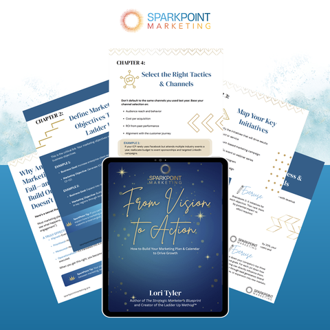 Sparkpoint Marketing materials including a tablet with a book cover and printed pages on a blue background