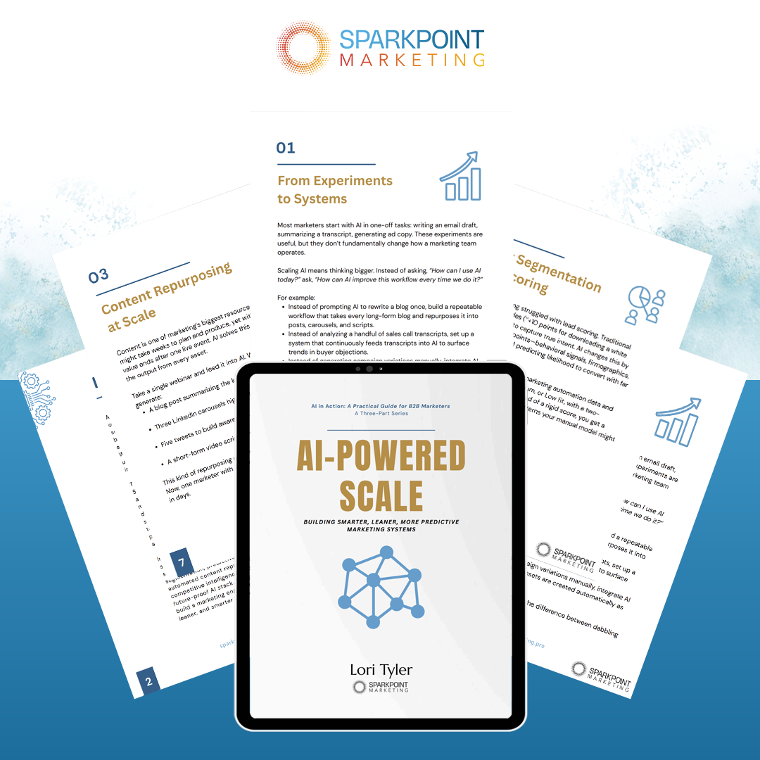 Ebook cover of 'AI-Powered Scale' by Lori Tyler with Sparkpoint Marketing branding on a blue and white gradient background.
