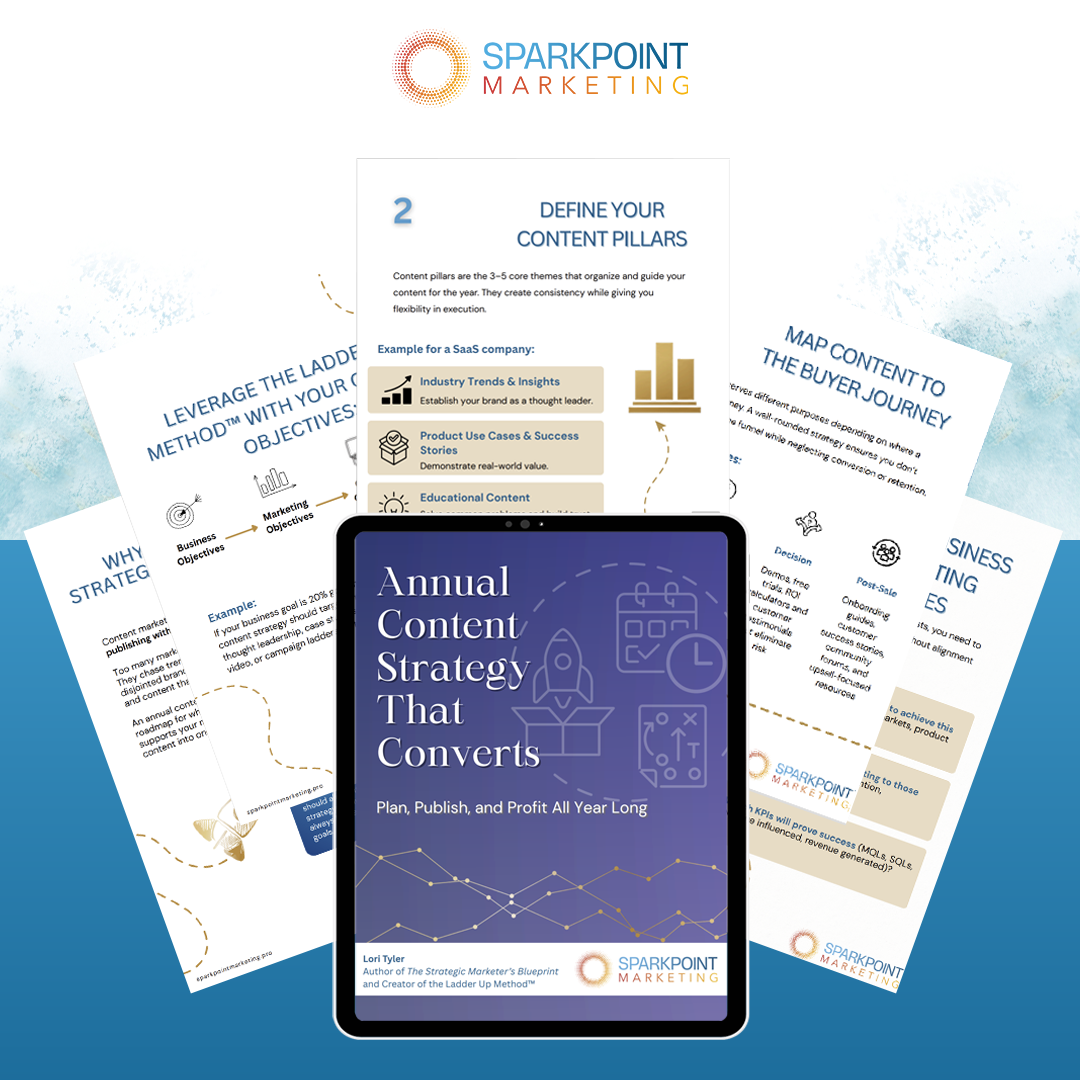 Sparkpoint Marketing annual content strategy guide with a tablet displaying the cover on a blue and white gradient background.