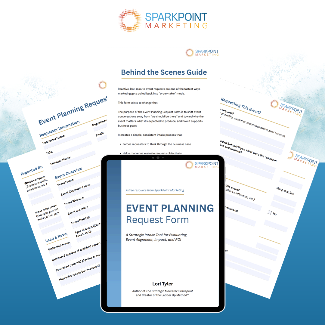 Event Planning Request Form by Sparkpoint Marketing on a tablet and paper with a blue gradient background