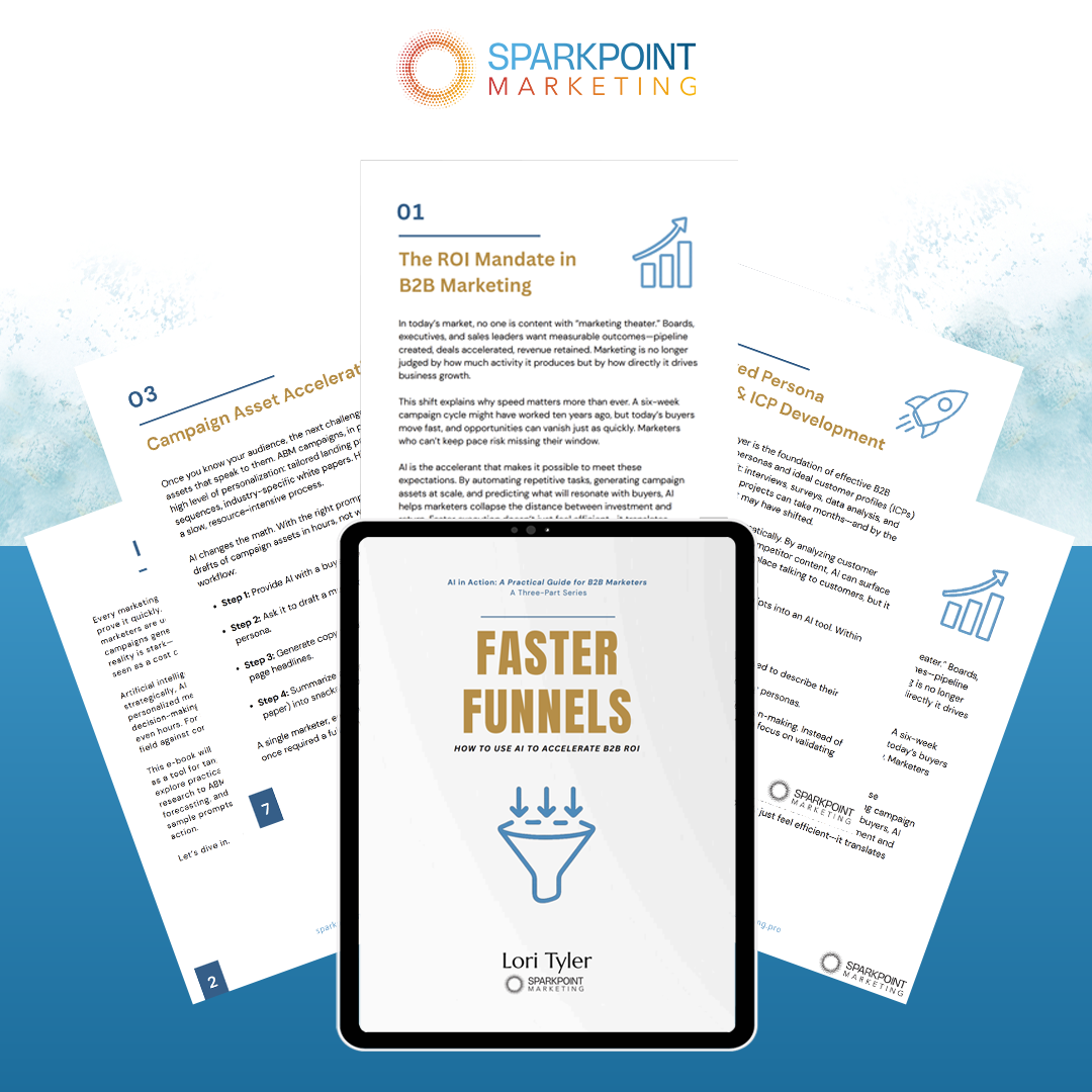Ebook cover titled 'Faster Funnels' by Lori Tyler on a tablet with Sparkpoint Marketing branding in the background.