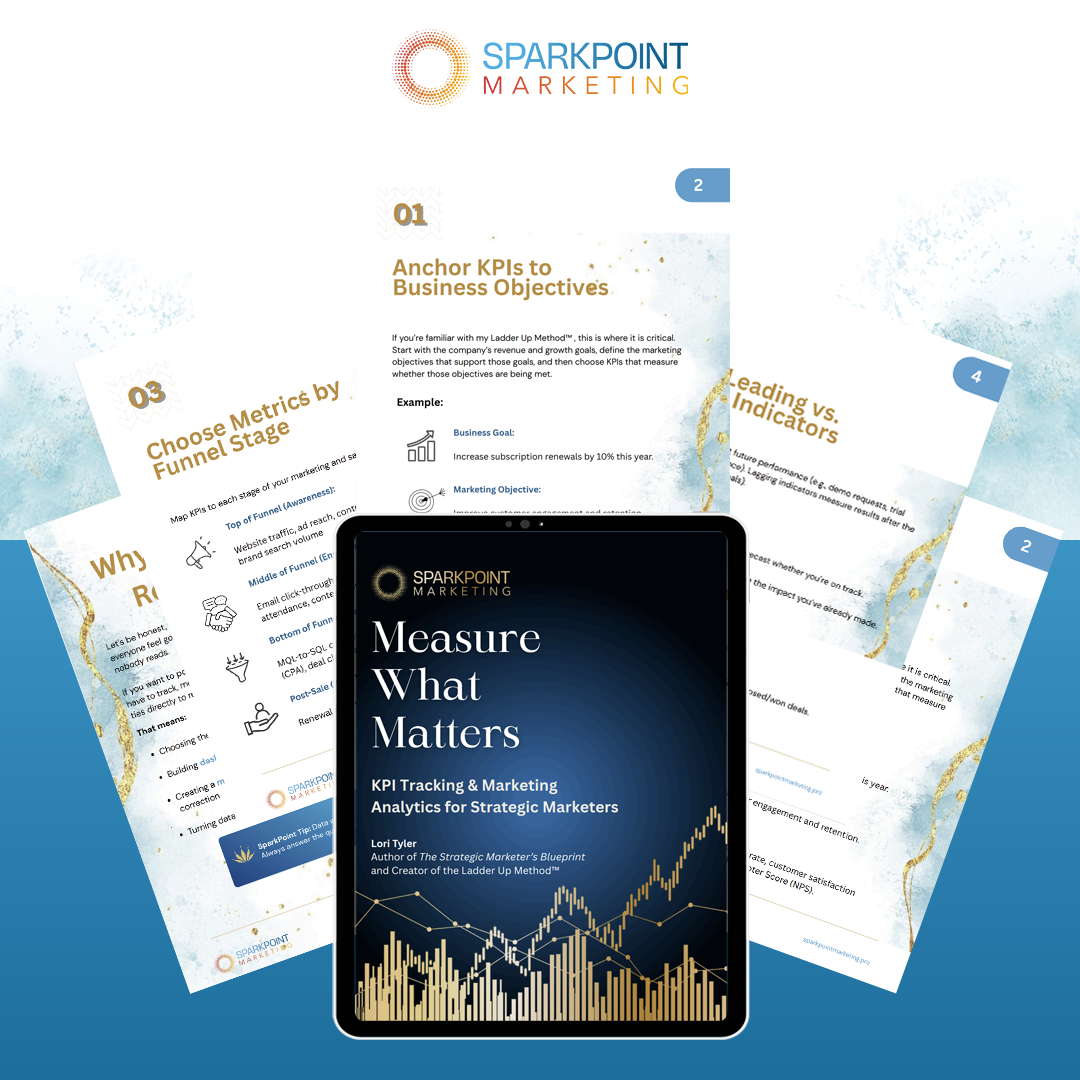 Sparkpoint Marketing eBook titled 'Measure What Matters' on a digital device with related documents in the background.